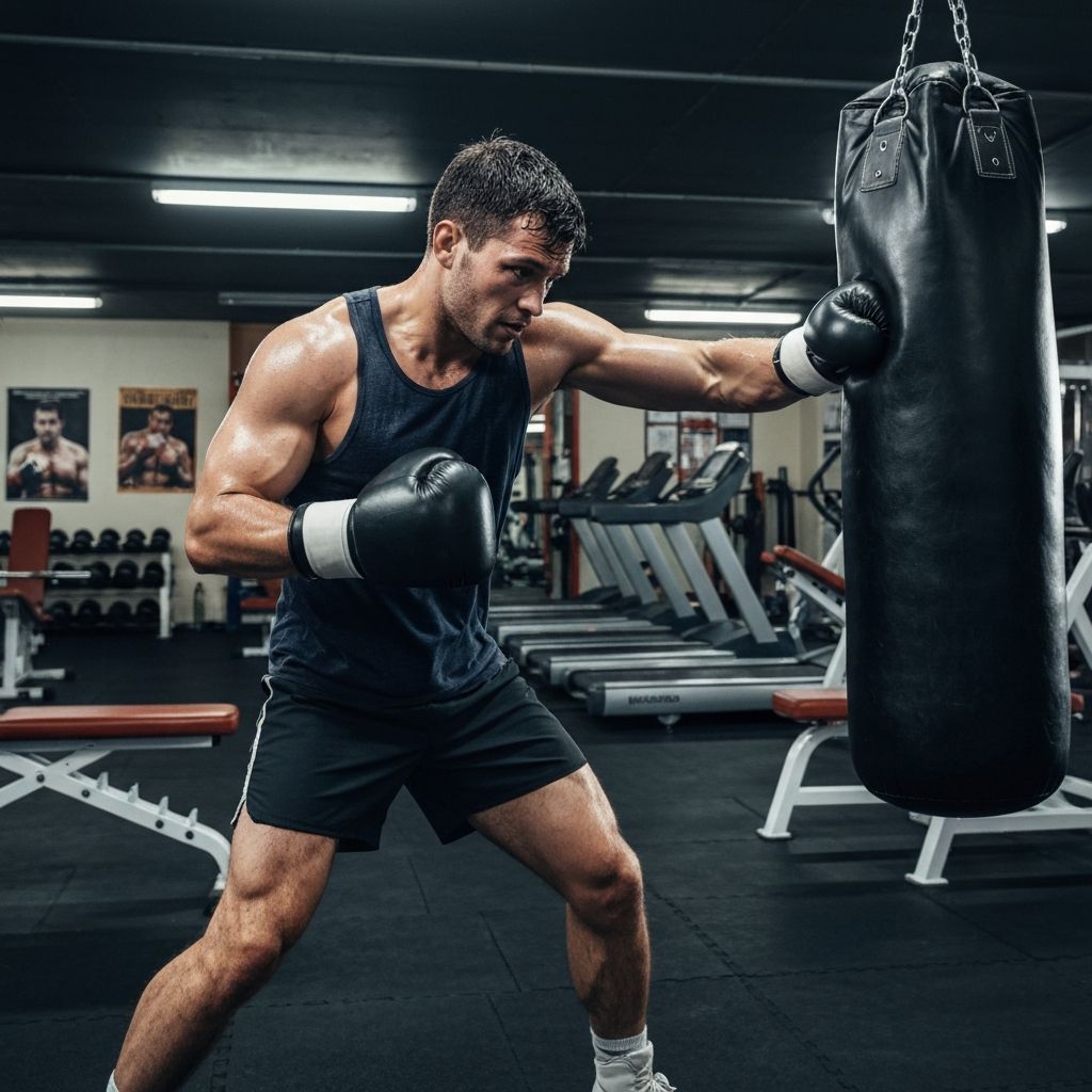 Boxer training on heavy bag